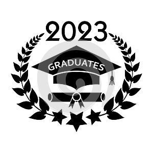 2023 Class of with Graduation Cap and laurel wreath. Cover of card for 2023 graduation. Creative design