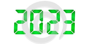 2023 is dialed with digits of a seven-segment indicator in green on white isolated, concept of the new year, green LED number font