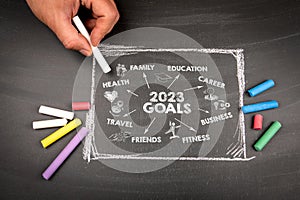 2023 Goals concept. Chart and colored pieces of chalk on a chalkboard background