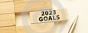 2023 GOALS text on a strip of wood lying on a white table with a metal pen.