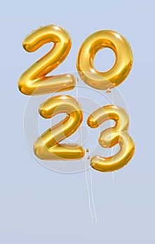 2023 golden balloons., 2023 gold foil balloons isolated over clear background. 3D rendering.,Object render 3d ballon with ribbon