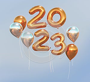 2023 golden balloons., 2023 gold foil balloons isolated over clear background. 3D rendering.,Object render 3d ballon with ribbon