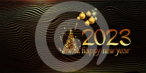 2023 golden numbers with festive confetti, stars and spiral ribbons on black background. Christmas holiday illustration. Happy New