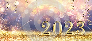 2023 - Golden Numbers On Glitter With Fireworks - New Year Celebration