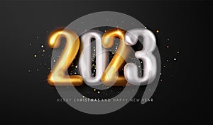 2023 Golden and silver 3d realistic metal number. Happy New Year and Merry Christmas 2023 greeting card. Realistic