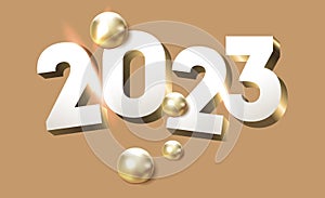 2023 golden white decoration holiday on beige background. Gold foil numbers 2023 with realistic festive objects