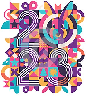 2023 Happy New Year abstract concept design bauhaus style. Chinese New Year rabbit or bunny symbol of 2023. Bright