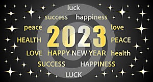 2023 Happy New Year. Black and gold greeting card with best wishes. Illustration vector banner.