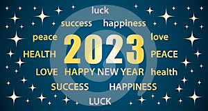 2023 Happy New Year. Blue and gold greeting card with best wishes. Illustration vector banner.