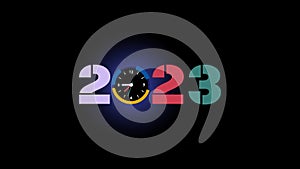 2023 Happy new year with blue and yellow wall clock moving needle time