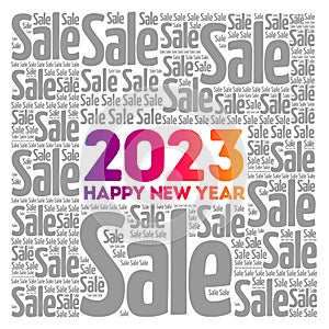 2023 Happy New Year. Christmas Sale word cloud background