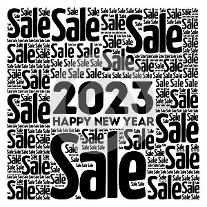 2023 Happy New Year. Christmas Sale word cloud background