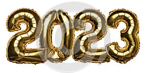 2023 Happy New Year concept from golden foil balloon