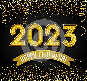 2023 Happy New Year design with vintage gold light bulb letters