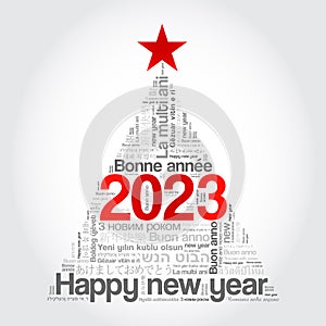 2023 Happy New Year in different languages, celebration word cloud greeting card in the shape of a christmas tree