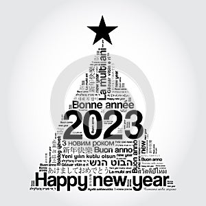 2023 Happy New Year in different languages, celebration word cloud greeting card in the shape of a christmas tree