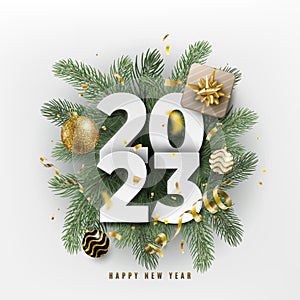2023 Happy New Year. Festive 3d realistic decoration with big paper calendar numbers and christmas decor. Celebrate