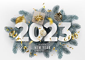 2023 Happy New Year. Festive 3d realistic decoration with big paper calendar numbers and christmas decor. Celebrate