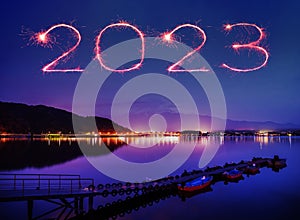2023 happy new year fireworks over Mount fuji-san at Lake kawaguchiko in japan