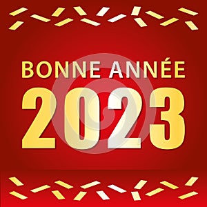 2023. Happy New Year. French red and gold greeting card. Vector illustration.