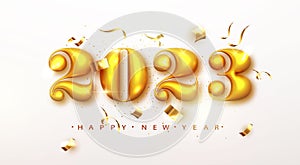 2023 Happy new year. Gold design metallic numbers date 2023 of greeting card. Happy New Year Banner with 2023 numbers on