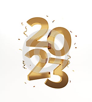 2023 Happy New Year. Golden numbers, 3d render illustration