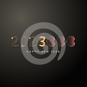 2023 Happy New Year. Golden shiny numbers on a dark background.