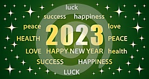 2023 Happy New Year. Green and gold greeting card with best wishes. Illustration vector banner.