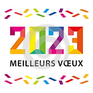 2023 Happy New Year greeting card. Best wishes in french language. Vector origami style illustration. Colorful flat design.
