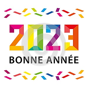 2023 Happy New Year greeting card in french language. Vector origami style illustration. Colorful flat design.