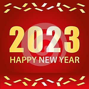 2023 Happy New Year greeting card. Red and gold vector illustration with confetti. Cinema inspiration style.