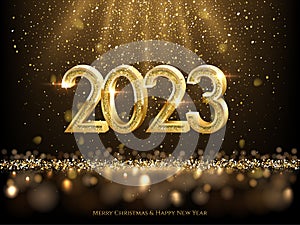 2023 Happy New Year greeting card vector illustration. 2023 golden numbers with gold falling confetti decoration and