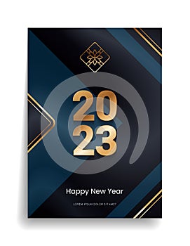 2023 Happy New Year and Merry Christmas. Designer cover with gold elements on a black background for invitation