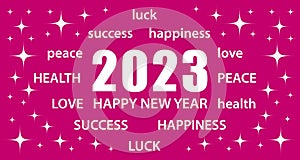 2023 Happy New Year. Pink greeting card with best wishes. Vector illustration banner.