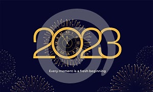 2023 Happy New Year Poster Background. Golden Clock Ring with Elegant Classy Typography Line Vector Illustration for Greeting Card