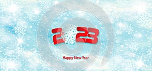 2023 Happy New Year poster with fairy winter background. Numbers and snowflake cut from paper. Vector Illustration for holiday