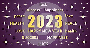 2023 Happy New Year. Purple and gold greeting card with best wishes. Illustration vector banner.