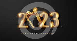 2023 Happy New Year. Realistic Gold metal number with black gift box. Merry Christmas Greeting card. Vector 3d rendering