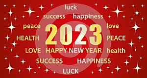 2023 Happy New Year. Red and gold greeting card with best wishes. Illustration vector banner.