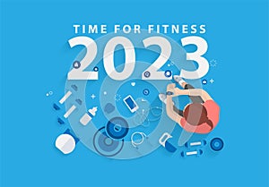 2023 happy new year time for fitness in gym healthy lifestyle ideas concept design, Vector