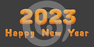 2023 happy new year uppercase and lowercase. golden inflatable Helium foil numbers bread balloons style.vector illustration eps10