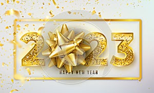 2023 Happy New Year vector background with golden gift bow, confetti, shiny glitter gold numbers and border. Christmas