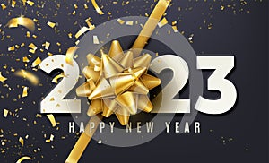 2023 Happy New Year vector background with golden gift bow, confetti, white numbers. Christmas celebrate design. Festive