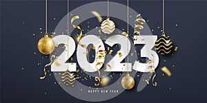 2023 Happy new year vector background. Holiday greeting card design with big white paper numbers, golden confetti, balls