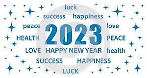 2023 Happy New Year. White and blue greeting card with best wishes. Vector illustration banner.