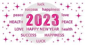 2023 Happy New Year. White and Pink greeting card with best wishes. Vector illustration banner.