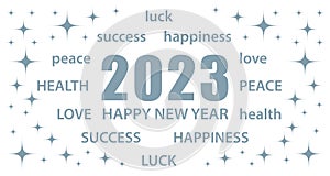2023 Happy New Year. White and silver greeting card with best wishes. Vector illustration banner.