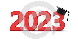 2023 New Academic Year, Class Graduation. Red number and grad cap isolated on white