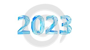 2023 New Year 3D metal ice texture. Glowing shape blue neon number illustration. Celebration decoration steel silver