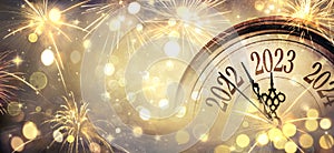 2023 New Year - Clock And Fireworks - Countdown To Midnight